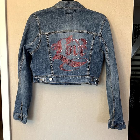 Go Jeans Sz XL Vintage Navy Denim Jean Jacket Cropped Wash Pockets - Picture 7 of 13